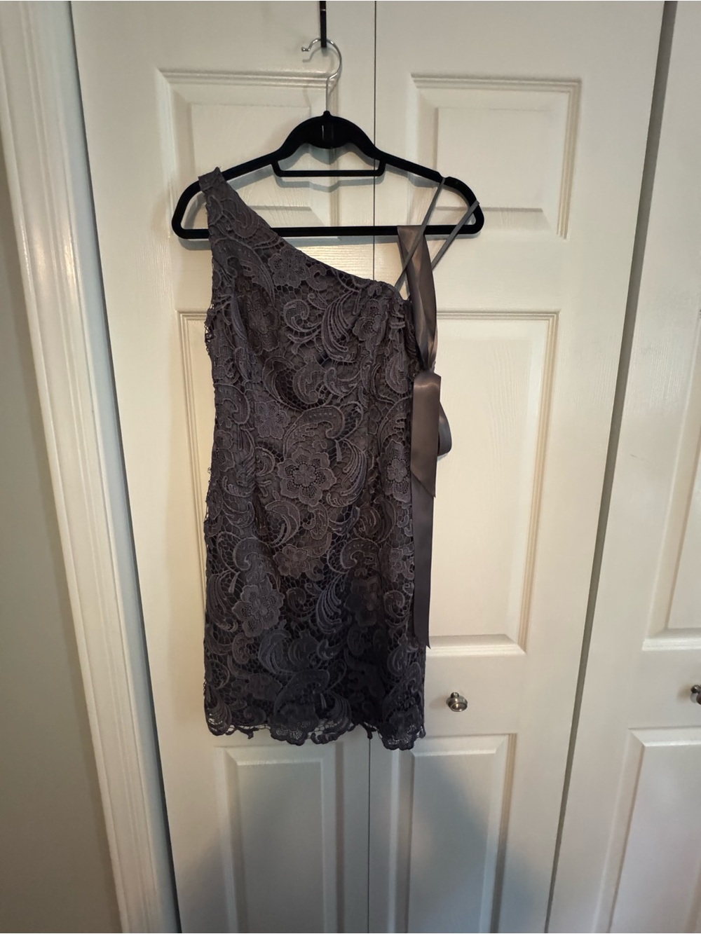 Adrianna Papell One-Shoulder Lace Dress in Charcoal Gray